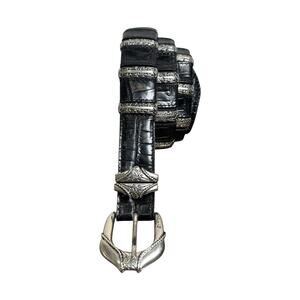 Nanni Womens Leather Belt Black Croc Embossed Western Silver Hardware Size 38